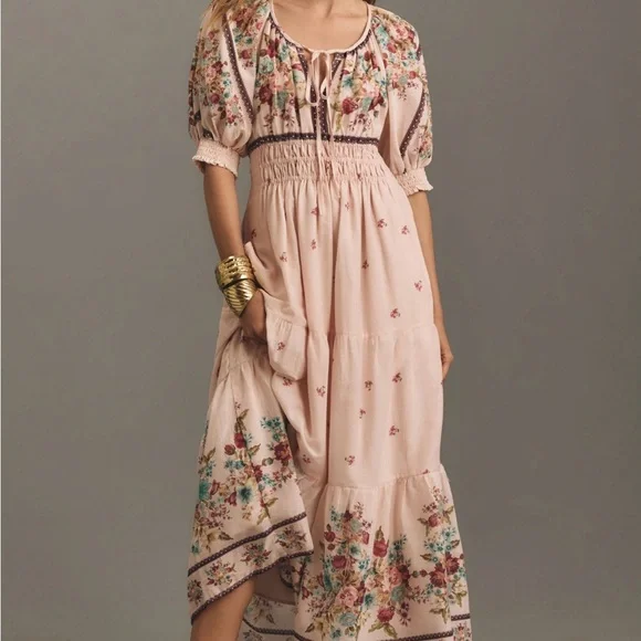 Anthropologie Pink Floral Maxi Dress